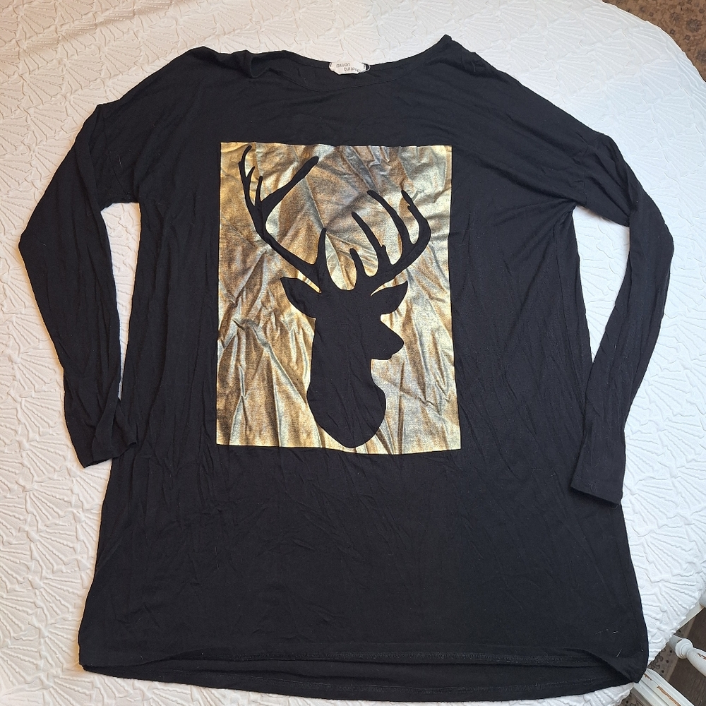 Women Reindeer Gold Accent Holiday Shirt Christmas Long Sleeve Deer Stag Sz L